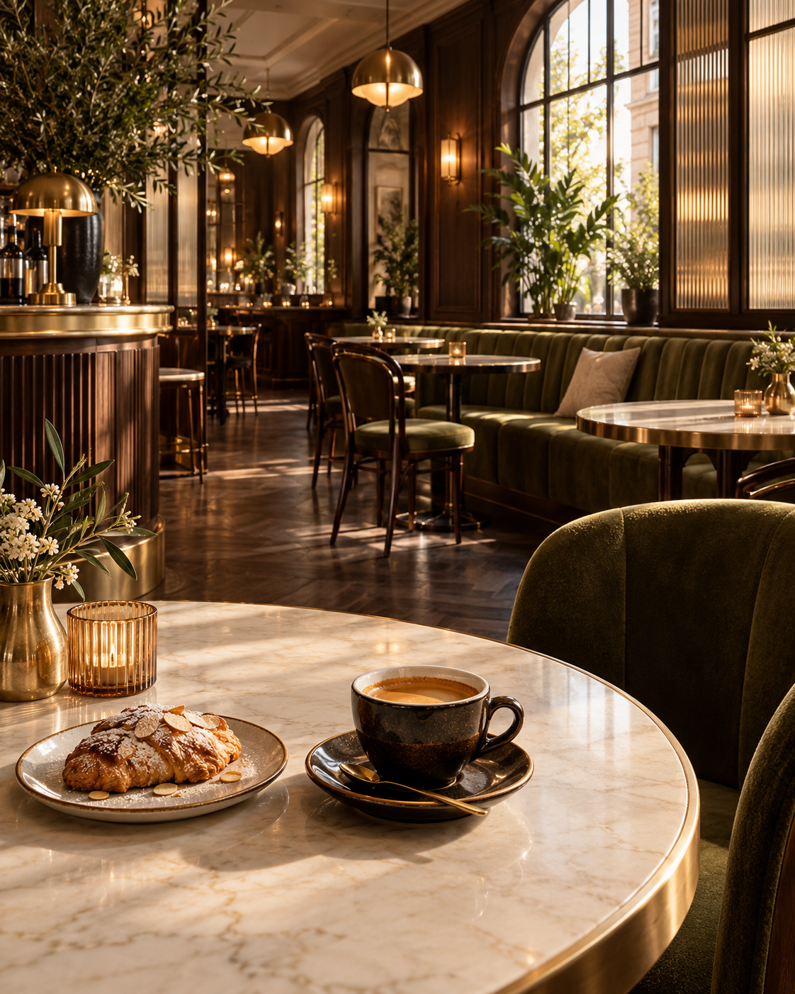 Elegant cafe interior with espresso and pastry on a marble table